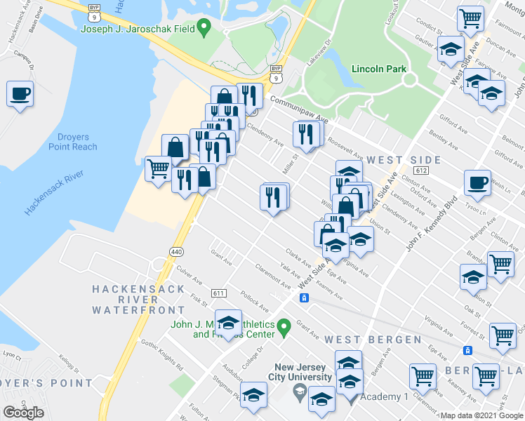 map of restaurants, bars, coffee shops, grocery stores, and more near 354 Ege Avenue in Jersey City