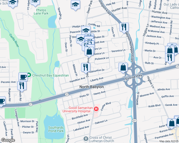 map of restaurants, bars, coffee shops, grocery stores, and more near 141 Edmunton Drive in North Babylon