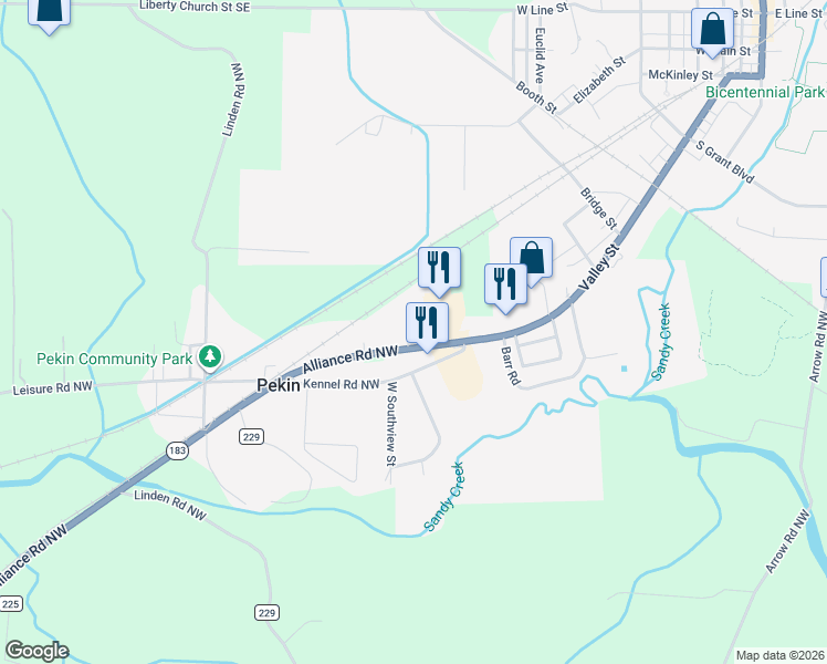 map of restaurants, bars, coffee shops, grocery stores, and more near 1179 Alliance Road Northwest in Minerva