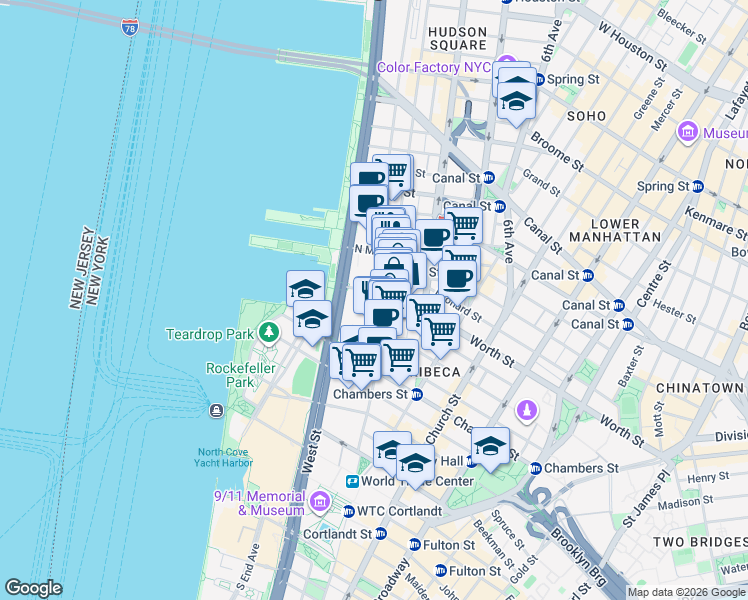map of restaurants, bars, coffee shops, grocery stores, and more near 208 West Street in New York