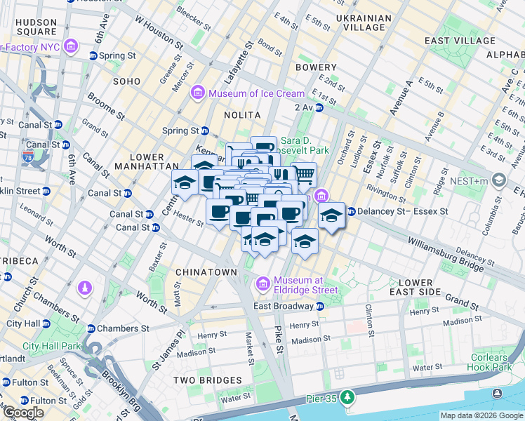map of restaurants, bars, coffee shops, grocery stores, and more near 120 Chrystie Street in New York