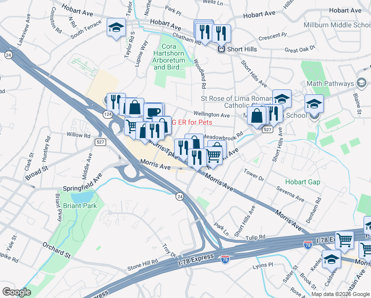 map of restaurants, bars, coffee shops, grocery stores, and more near 15 Meadowbrook Road in Essex County