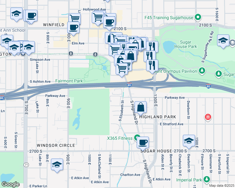 map of restaurants, bars, coffee shops, grocery stores, and more near 2410 South Highland Drive in Salt Lake City