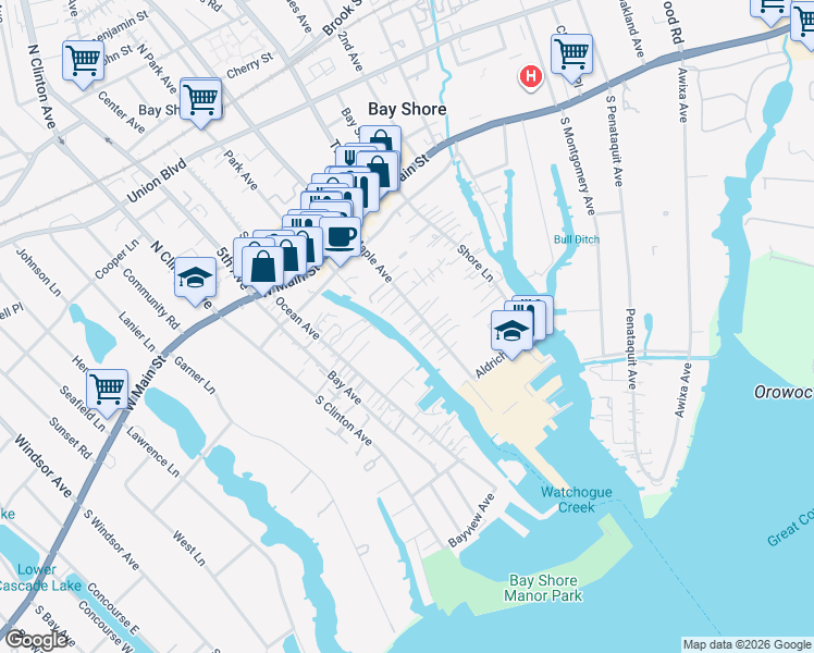 map of restaurants, bars, coffee shops, grocery stores, and more near 52 Maple Avenue in Bay Shore