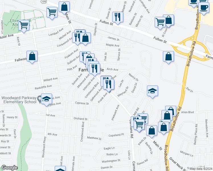 map of restaurants, bars, coffee shops, grocery stores, and more near 821 Main Street in Farmingdale