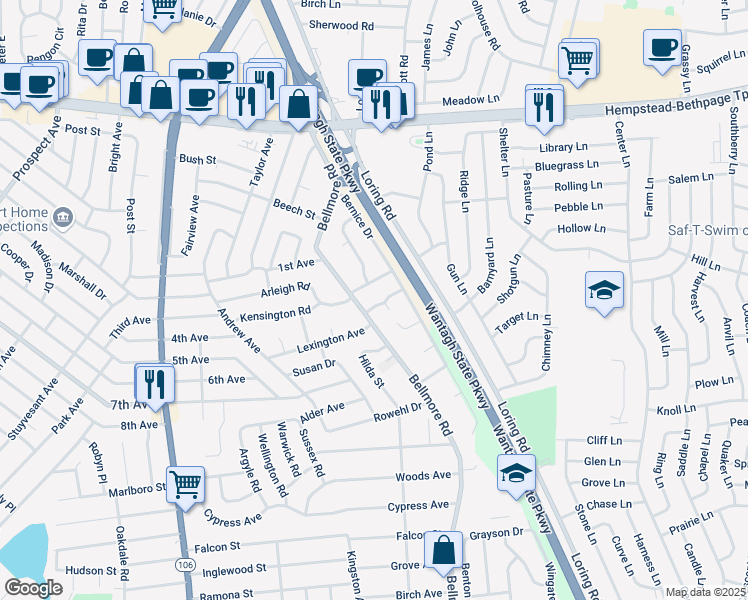map of restaurants, bars, coffee shops, grocery stores, and more near 2722 Sheila Court in East Meadow