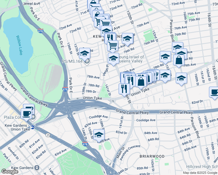map of restaurants, bars, coffee shops, grocery stores, and more near 141-21 78th Road in Queens