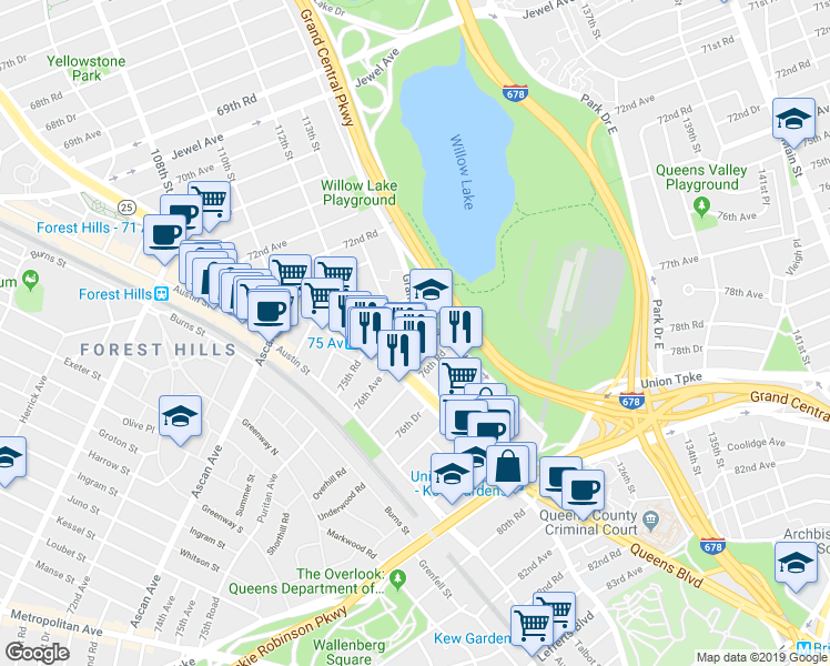 map of restaurants, bars, coffee shops, grocery stores, and more near 75-24 Grand Central Parkway in Queens
