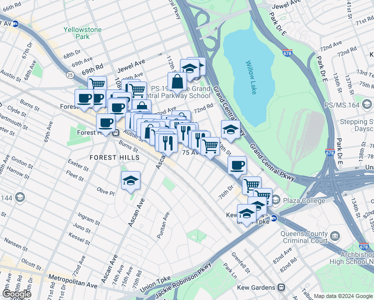 map of restaurants, bars, coffee shops, grocery stores, and more near 110-7 73rd Road in Queens