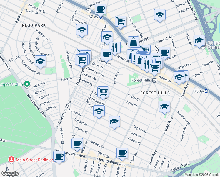 map of restaurants, bars, coffee shops, grocery stores, and more near 68-59 Exeter Street in Queens