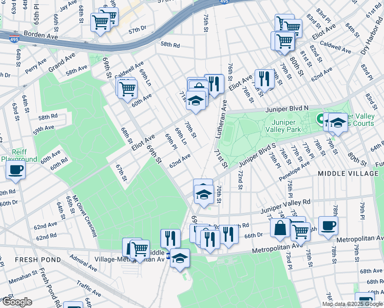 map of restaurants, bars, coffee shops, grocery stores, and more near 61-72 70th Street in Queens