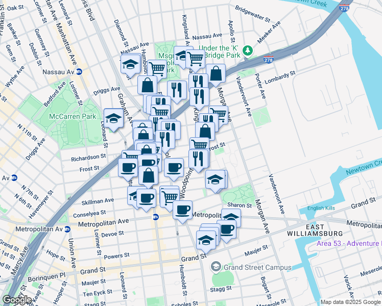 map of restaurants, bars, coffee shops, grocery stores, and more near 252 Richardson Street in Brooklyn