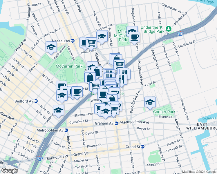 map of restaurants, bars, coffee shops, grocery stores, and more near 455 Graham Avenue in Brooklyn