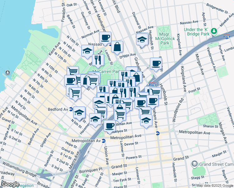 map of restaurants, bars, coffee shops, grocery stores, and more near 61 Bayard Street in Brooklyn