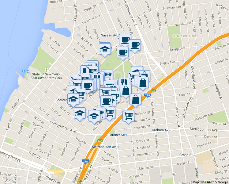 map of restaurants, bars, coffee shops, grocery stores, and more near Union Avenue in Brooklyn