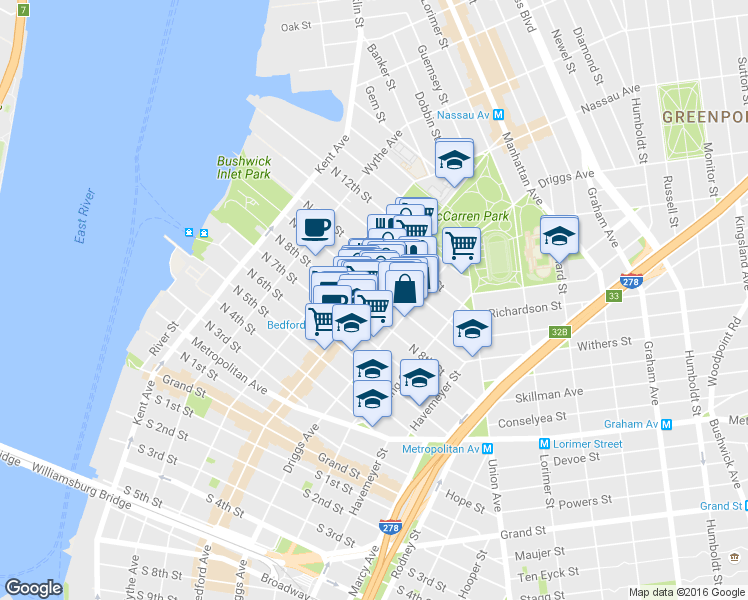 map of restaurants, bars, coffee shops, grocery stores, and more near 167 North 9th Street in Brooklyn