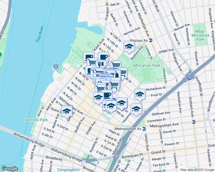map of restaurants, bars, coffee shops, grocery stores, and more near 141 North 8th Street in Brooklyn