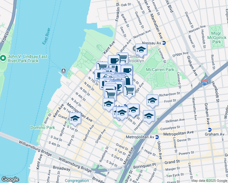 map of restaurants, bars, coffee shops, grocery stores, and more near 141 North 8th Street in Brooklyn