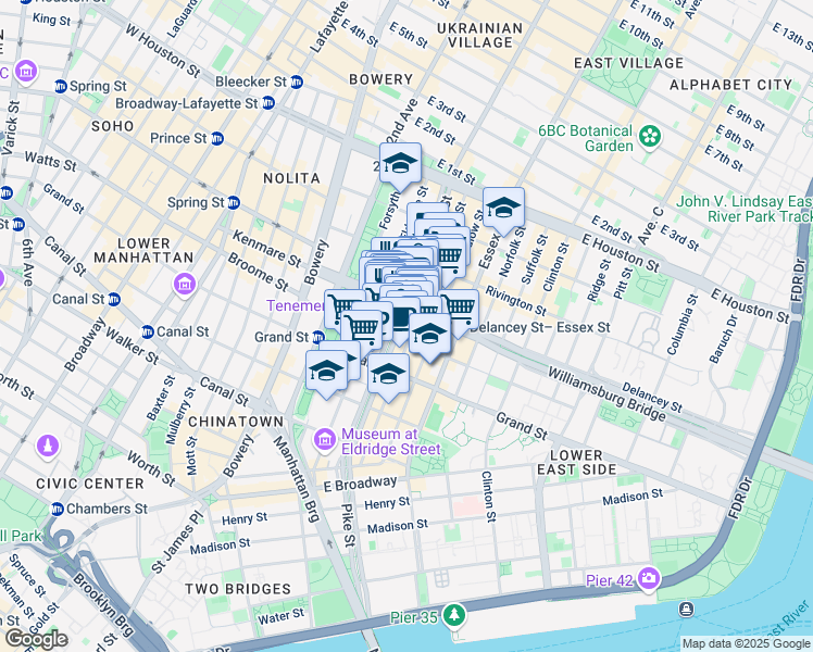 map of restaurants, bars, coffee shops, grocery stores, and more near 117 Orchard Street in New York