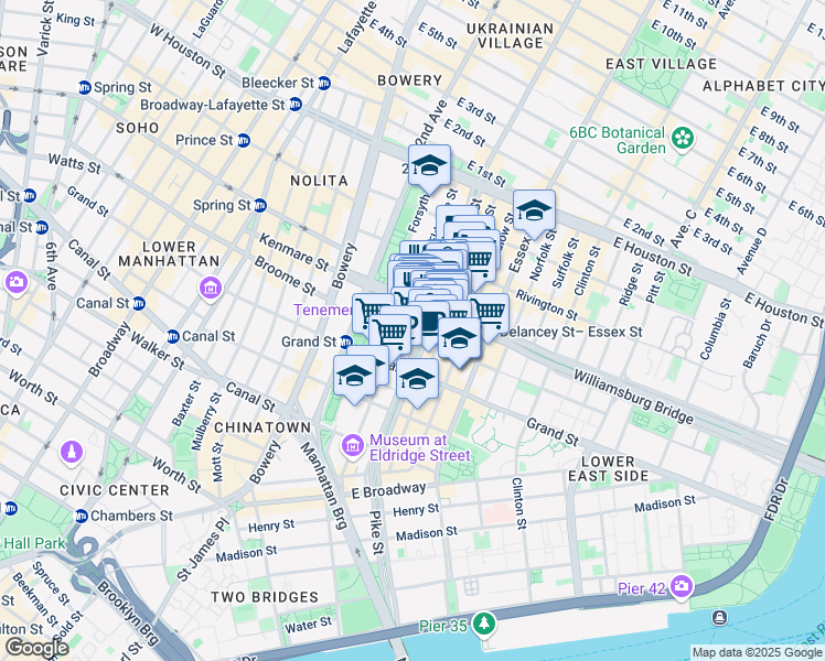 map of restaurants, bars, coffee shops, grocery stores, and more near 117 Orchard Street in New York