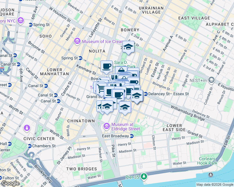 map of restaurants, bars, coffee shops, grocery stores, and more near 139 Eldridge Street in New York