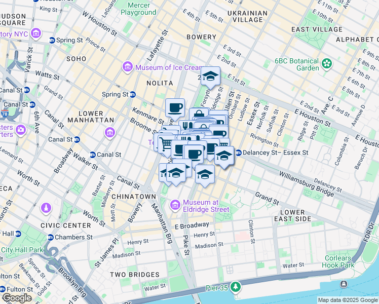 map of restaurants, bars, coffee shops, grocery stores, and more near 139 Eldridge Street in New York