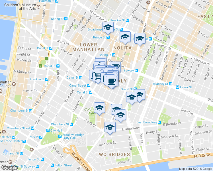 map of restaurants, bars, coffee shops, grocery stores, and more near 142 Mulberry Street in New York