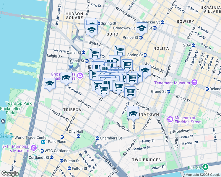 map of restaurants, bars, coffee shops, grocery stores, and more near 407 Broadway in New York