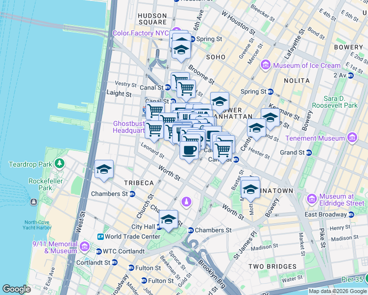 map of restaurants, bars, coffee shops, grocery stores, and more near 39 Walker Street in New York