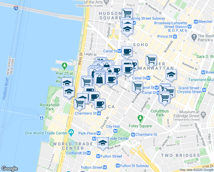 map of restaurants, bars, coffee shops, grocery stores, and more near 162 Franklin Street in New York