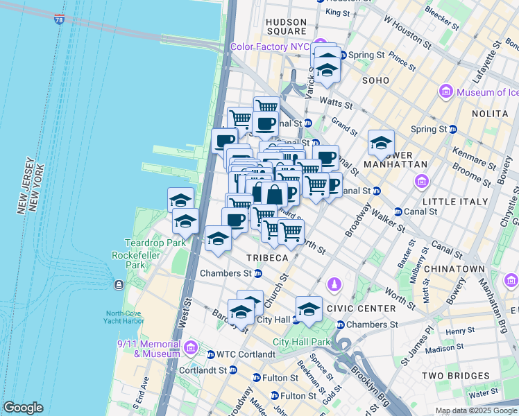 map of restaurants, bars, coffee shops, grocery stores, and more near 162 Franklin Street in New York