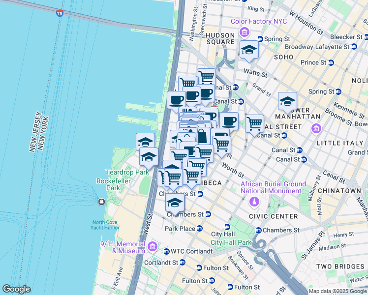 map of restaurants, bars, coffee shops, grocery stores, and more near 361 Greenwich Street in New York