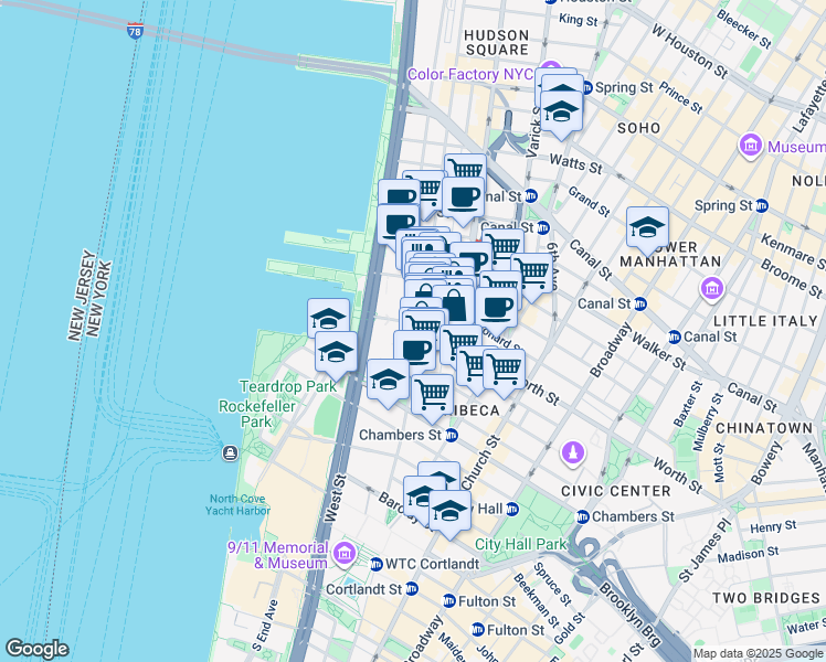 map of restaurants, bars, coffee shops, grocery stores, and more near 361 Greenwich Street in New York