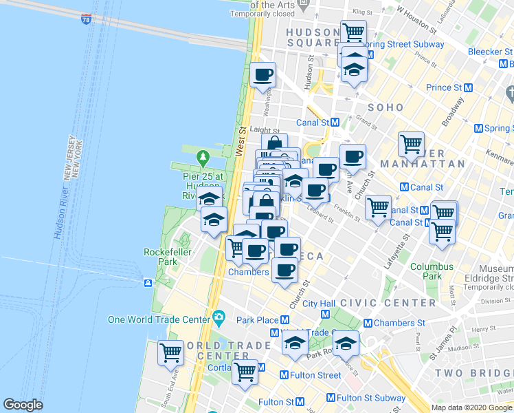 map of restaurants, bars, coffee shops, grocery stores, and more near 208 West Street in New York
