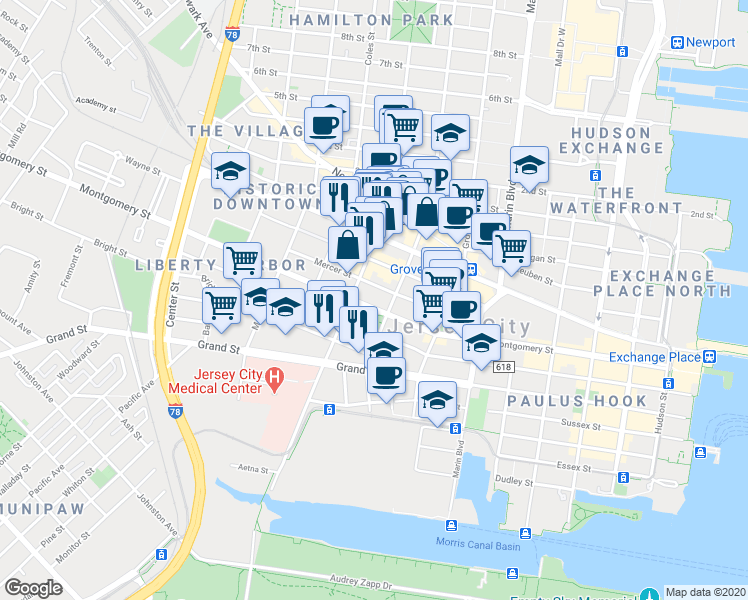 map of restaurants, bars, coffee shops, grocery stores, and more near 474 Jersey Avenue in Jersey City