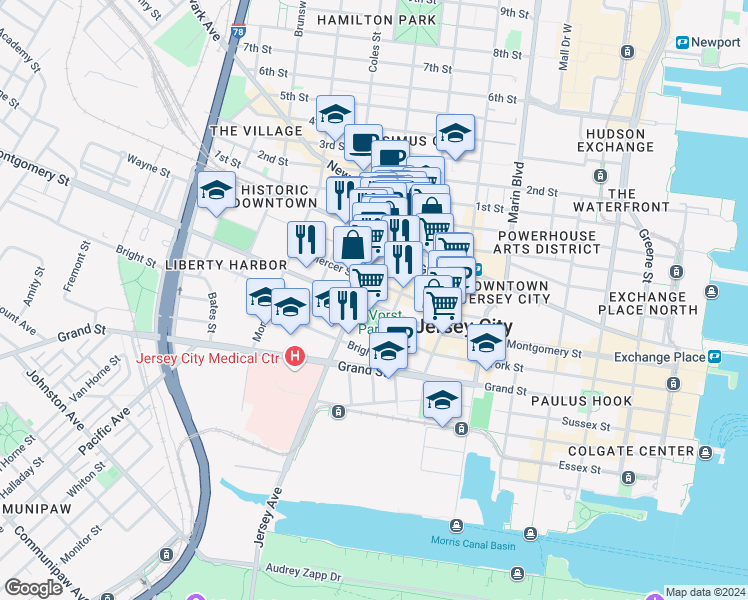 map of restaurants, bars, coffee shops, grocery stores, and more near 474 Jersey Avenue in Jersey City