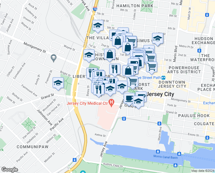map of restaurants, bars, coffee shops, grocery stores, and more near in Jersey City