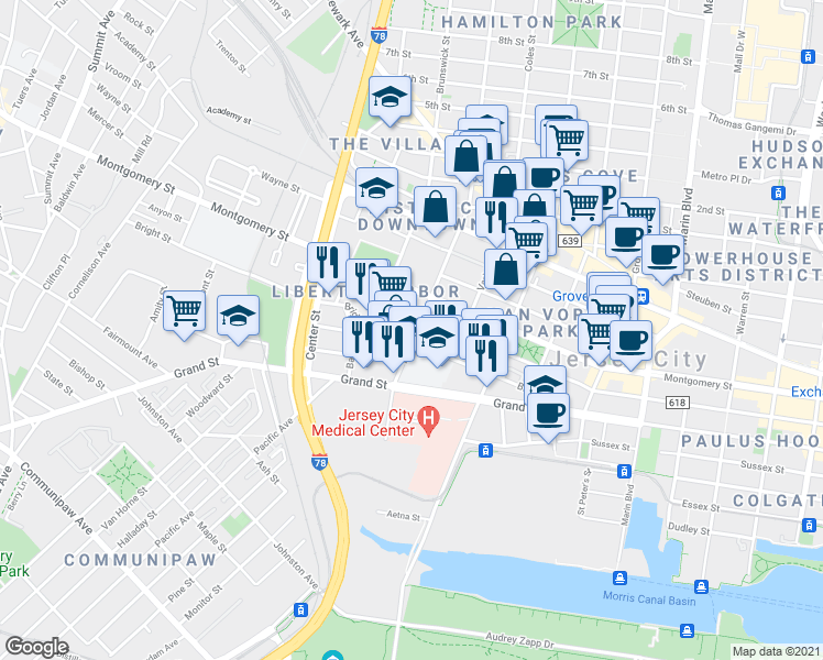map of restaurants, bars, coffee shops, grocery stores, and more near 420 Grand Street in Jersey City