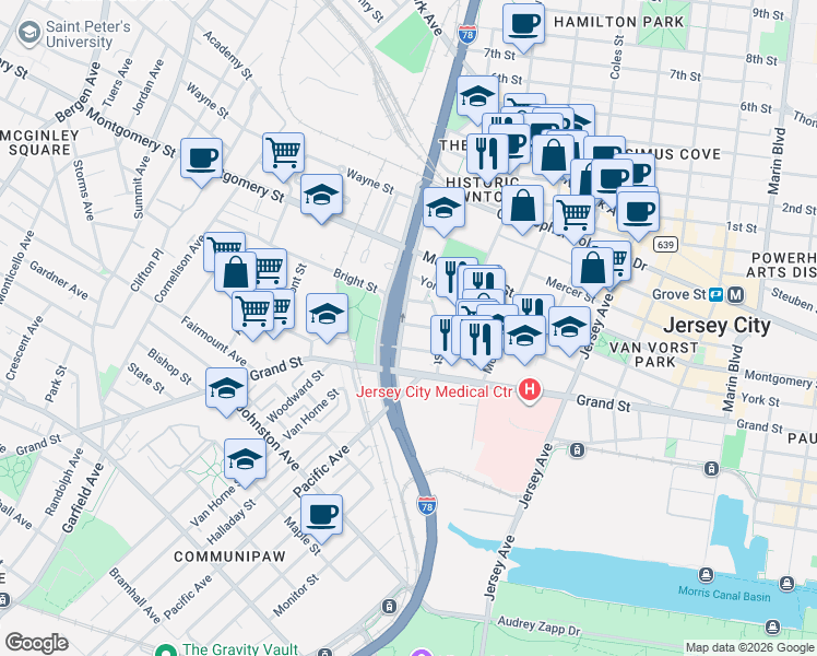 map of restaurants, bars, coffee shops, grocery stores, and more near 40 Center Street in Jersey City