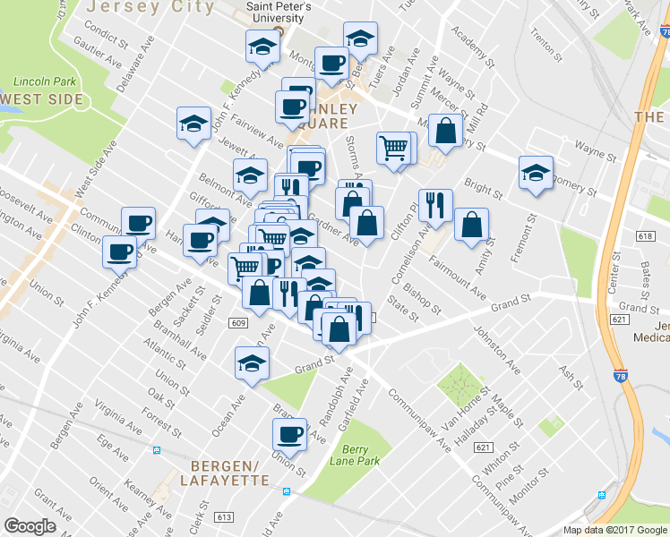 map of restaurants, bars, coffee shops, grocery stores, and more near 21 Belmont Avenue in Jersey City