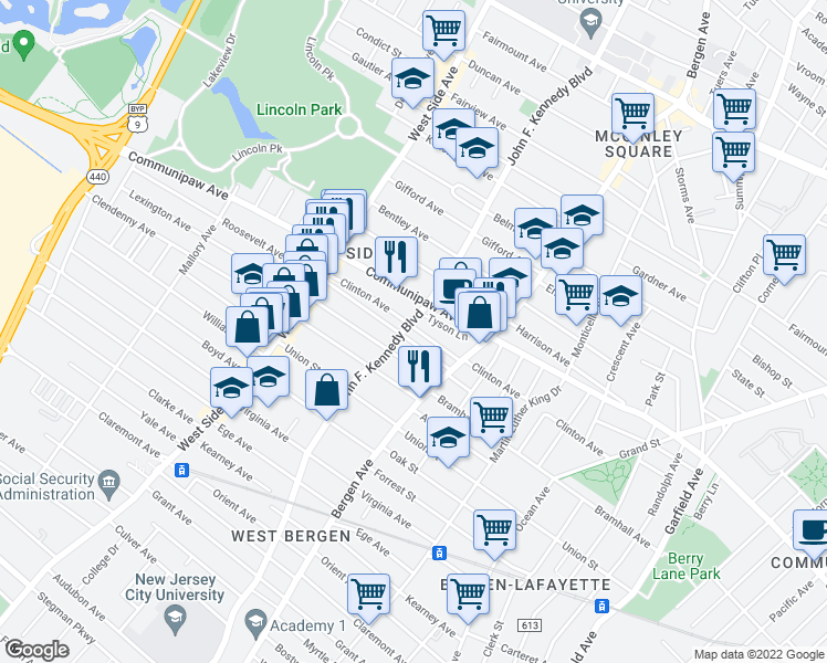 map of restaurants, bars, coffee shops, grocery stores, and more near 193 Clinton Avenue in Jersey City