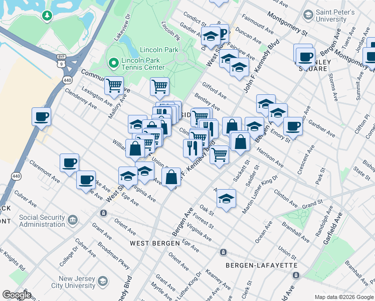 map of restaurants, bars, coffee shops, grocery stores, and more near 90 Lexington Avenue in Jersey City