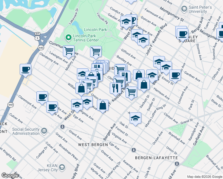 map of restaurants, bars, coffee shops, grocery stores, and more near 90 Lexington Avenue in Jersey City