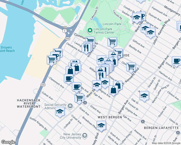 map of restaurants, bars, coffee shops, grocery stores, and more near 59 Williams Avenue in Jersey City