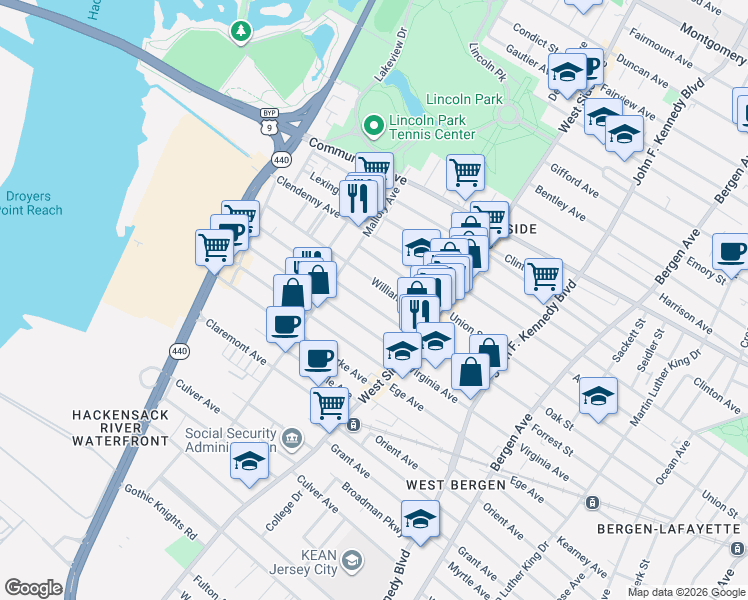 map of restaurants, bars, coffee shops, grocery stores, and more near 59 Williams Avenue in Jersey City