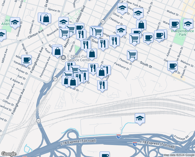 map of restaurants, bars, coffee shops, grocery stores, and more near 220 Astor Street in Newark