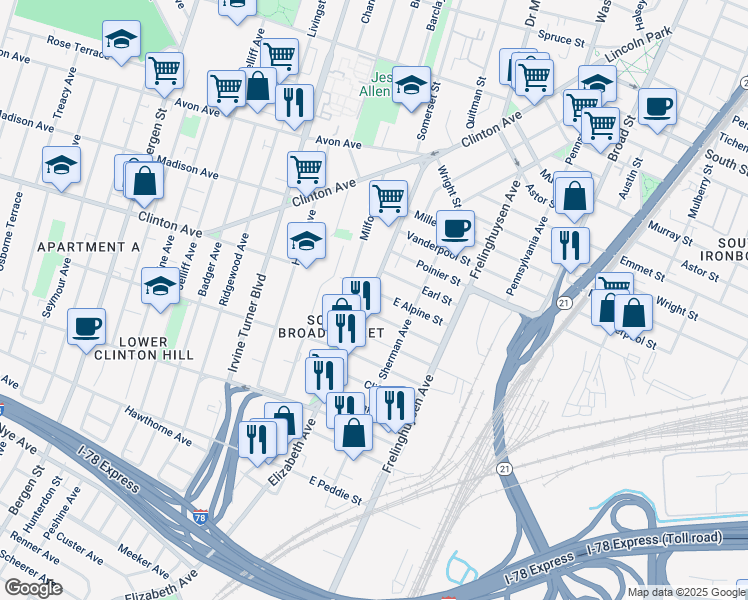 map of restaurants, bars, coffee shops, grocery stores, and more near 115 Elizabeth Avenue in Newark