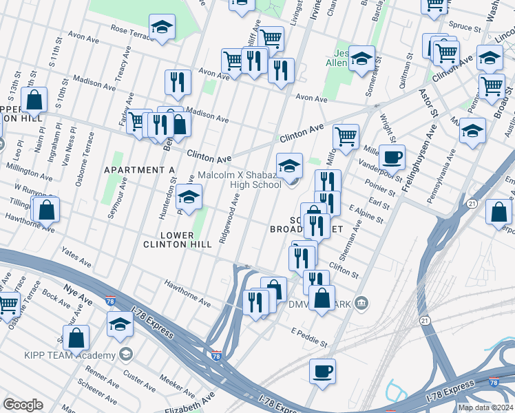 map of restaurants, bars, coffee shops, grocery stores, and more near 433 Irvine Turner Boulevard in Newark