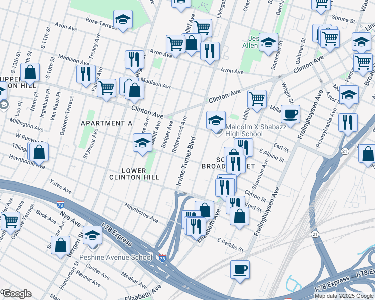 map of restaurants, bars, coffee shops, grocery stores, and more near 433 Irvine Turner Boulevard in Newark