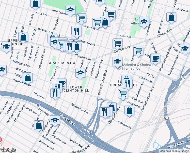 map of restaurants, bars, coffee shops, grocery stores, and more near 134 Ridgewood Avenue in Newark